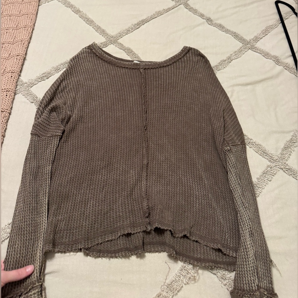 Zenana Outfitters Taupe Waffle Knit Long Sleeve Top with Exposed Seam
